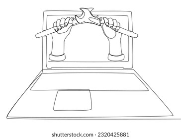 One continuous line of Laptop with Wrench. Thin Line Illustration vector concept. Contour Drawing Creative ideas.