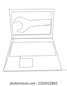 One continuous line of Laptop with Wrench. Thin Line Illustration vector concept. Contour Drawing Creative ideas.