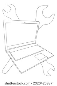 One continuous line of Laptop with Wrench. Thin Line Illustration vector concept. Contour Drawing Creative ideas.