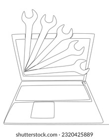 One continuous line of Laptop with Wrench. Thin Line Illustration vector concept. Contour Drawing Creative ideas.