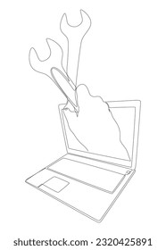 One continuous line of Laptop with Wrench. Thin Line Illustration vector concept. Contour Drawing Creative ideas.