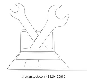 One continuous line of Laptop with Wrench. Thin Line Illustration vector concept. Contour Drawing Creative ideas.