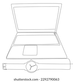 One continuous line of Laptop with wristwatch. Thin Line Illustration vector concept. Contour Drawing Creative ideas.