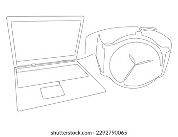 One continuous line of Laptop with wristwatch. Thin Line Illustration vector concept. Contour Drawing Creative ideas.