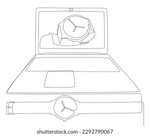 One continuous line of Laptop with wristwatch. Thin Line Illustration vector concept. Contour Drawing Creative ideas.