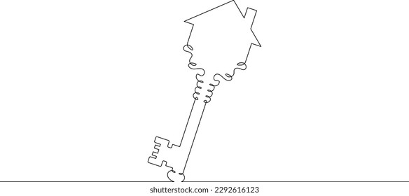 One continuous line. Large old key to the lock. Key in the form of a house. A beautiful key. One continuous line drawn isolated, white background.