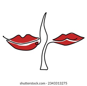 one continuous line leaves red lips. Woman portrait. Graphic design, print, banner, poster, flyer, logo, card.