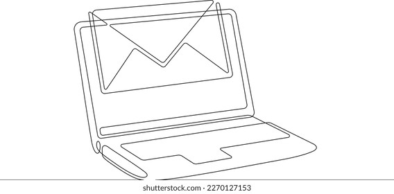 One continuous line. Letter on laptop screen.Open laptop.Email. Mail. Letter in an envelope. One continuous line drawn isolated, white background.