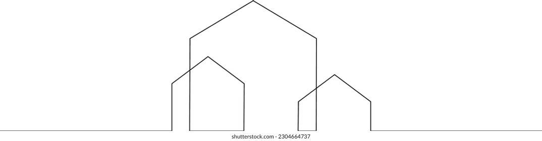 One continuous line. Linear . Minimalist home design. Geometric building logo. Modern city house. One continuous line drawn isolated, white background.