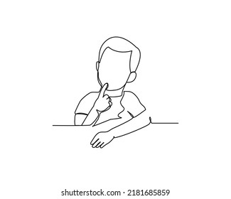 One continuous line a little boy thinking. Minimalist style vector illustration in white background.