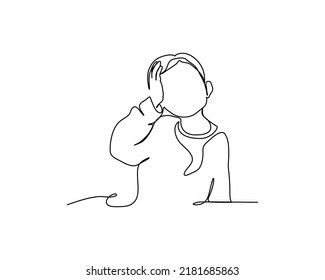 One continuous line a little boy thinking. Minimalist style vector illustration in white background.