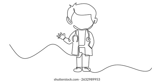 one continuous line of little doctor waving hand.one line drawing of cute doctor.child in doctor's clothes.minimalist line vector illustration
