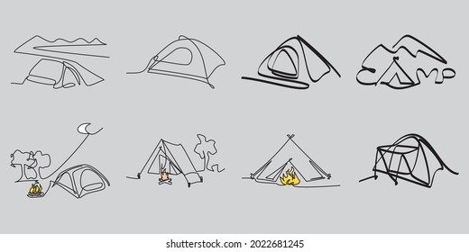 One continuous line of logo creation kit bundle. Camping Edition set theme Heading to camp. Bonfire vector shapes, tents elements, beach, mountains, trees, and crescent moon.  Create own outdoor label