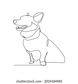 One continuous line of logo symbols, sitting dog, smiling, wildlife concept, pet, veterinarian.
