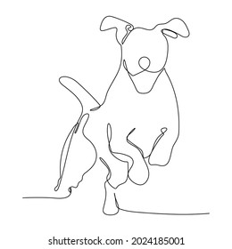 One continuous line of logo symbols, sitting dog, smiling, wildlife concept, pet, veterinarian.
