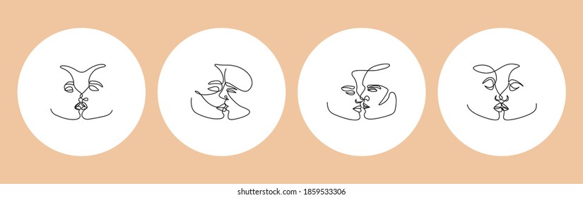 One continuous line love couple. Abstract set of man woman silhouettes for social media highlight covers. Contemporary hand drawn kissing couple for bloggers stories, vector round icons