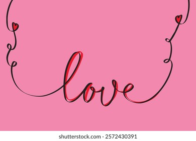 One continuous line love drawing. Minimalist romantic calligraphy text with hearts for valentines day greeting card, wedding invitation, poster. Vector illustration