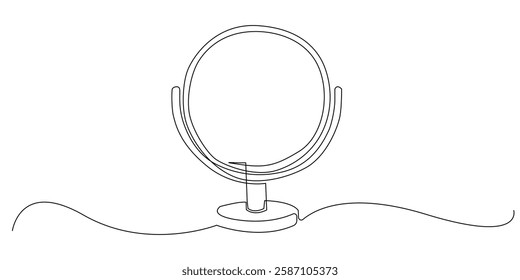 one continuous line of makeup mirror.one simple line drawing of round makeup mirror.single line vector illustration of beauty equipment.isolated white background