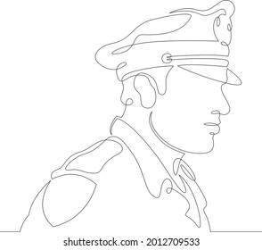 Una línea continua.
Carácter masculino oficial de policía profesional con gorro uniforme.
El logotipo de una línea de dibujo continua aisló una ilustración mínima. 