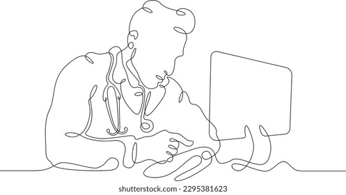 One continuous line. Male doctor. Online therapist. Telemedicine. Remote diagnosis of a patient. Remote monitoring by a doctor. Doctor with computer, laptop.