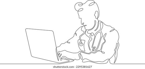 One continuous line. Male doctor. Online therapist. Telemedicine. Remote diagnosis of a patient. Remote monitoring by a doctor. Doctor with computer, laptop.