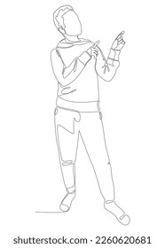 One continuous line of Male pointing with finger. Thin Line Illustration vector concept of man showing direction. Contour Drawing Creative ideas.