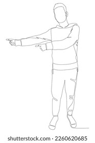 One continuous line of Male pointing with finger. Thin Line Illustration vector concept of man showing direction. Contour Drawing Creative ideas.