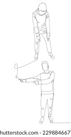 One continuous line of Male pointing with finger at another man. Thin Line Illustration vector concept. Contour Drawing Creative ideas.