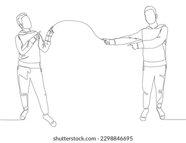One continuous line of Male pointing with finger at another man. Thin Line Illustration vector concept. Contour Drawing Creative ideas.