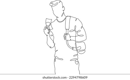 One continuous line. Man with cash. Male character with banknotes in his hands. Man with banknotes. Man holds money. One continuous line drawn isolated, white background.