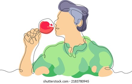 One continuous line.The man drinks alcohol. Male character holding a glass of wine. Red wine. Abstract flat color illustration.