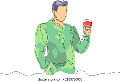 One continuous line.The man drinks alcohol. Male character holding a glass of wine. Red wine. Abstract flat color illustration.