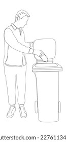 One continuous line of man with garbage bin. Thin Line Illustration vector concept. Contour Drawing Creative ideas.