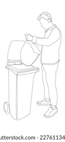 One continuous line of man with garbage bin. Thin Line Illustration vector concept. Contour Drawing Creative ideas.