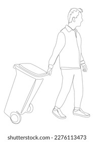 Una línea continua de hombre con basurero. Concepto vectorial de Ilustración de líneas delgadas. Contour Drawing Ideas Creativas.