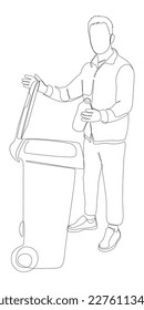 One continuous line of man with garbage bin. Thin Line Illustration vector concept. Contour Drawing Creative ideas.