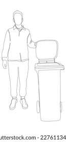 One continuous line of man with garbage bin. Thin Line Illustration vector concept. Contour Drawing Creative ideas.