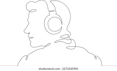 One continuous line. Man with headphones. Bluetooth headset. Young man listens to music on headphones. One continuous line drawn isolated, white background.