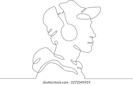 Una línea continua. Hombre con auriculares. Auriculares Bluetooth. Un joven escucha música en los auriculares. Una línea continua dibujada aislada, fondo blanco.