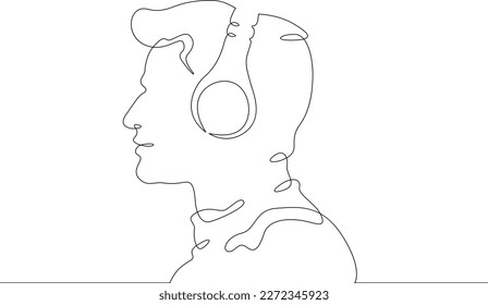 One continuous line. Man with headphones. Bluetooth headset. Young man listens to music on headphones. One continuous line drawn isolated, white background.