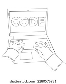 One continuous line of man with laptop and Code text. Thin Line Illustration vector concept. Contour Drawing Creative ideas.