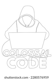 One continuous line of man with laptop and Colossal Code text. Thin Line Illustration vector concept. Contour Drawing Creative ideas.