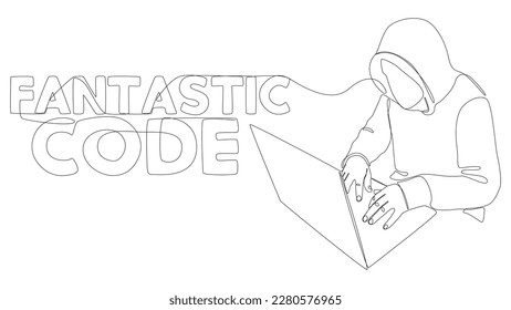 One continuous line of man with laptop and Fantastic Code text. Thin Line Illustration vector concept. Contour Drawing Creative ideas.