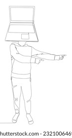 One continuous line of Man with Laptop head pointing with finger. Thin Line Illustration vector concept. Contour Drawing Creative ideas.