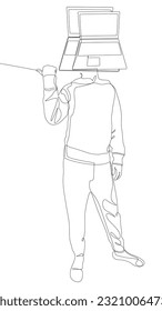 One continuous line of Man with Laptop head pointing with finger. Thin Line Illustration vector concept. Contour Drawing Creative ideas.