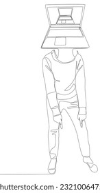 One continuous line of Man with Laptop head pointing with finger. Thin Line Illustration vector concept. Contour Drawing Creative ideas.