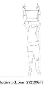 Una línea continua de Hombre con la cabeza de la laptop apuntando con el dedo. Concepto vectorial de Ilustración de líneas delgadas. Contour Drawing Ideas Creativas.