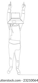 Una línea continua de Hombre con la cabeza de la laptop apuntando con el dedo. Concepto vectorial de Ilustración de líneas delgadas. Contour Drawing Ideas Creativas.