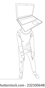One continuous line of Man with Laptop head pointing with finger. Thin Line Illustration vector concept. Contour Drawing Creative ideas.