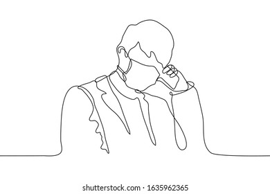 One continuous line of a man in a medical mask against viruses. The upper part of the male body in a coat with his head uncovered in a medical mask, he speaks on the phone, his gaze and body are aimed